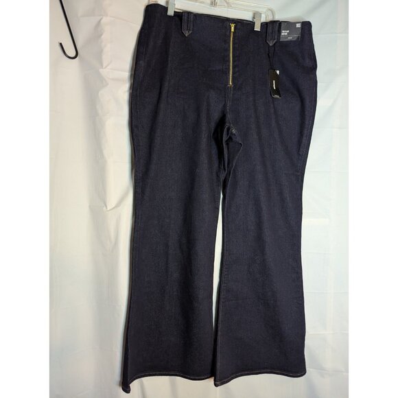 Express 70s Big Flare Mid Rise Dark Wash Jeans Sz 16S Retro Gold Zipper Bell - Picture 1 of 14